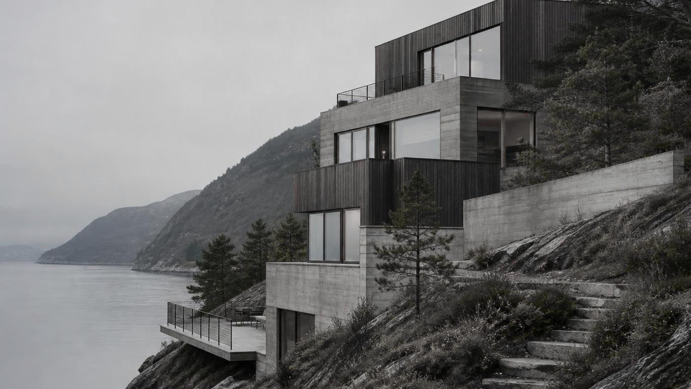 Terrasseret betonhus med træbeklædning på en skrænt ned mod en fjord i køligt, overskyet dagslys.