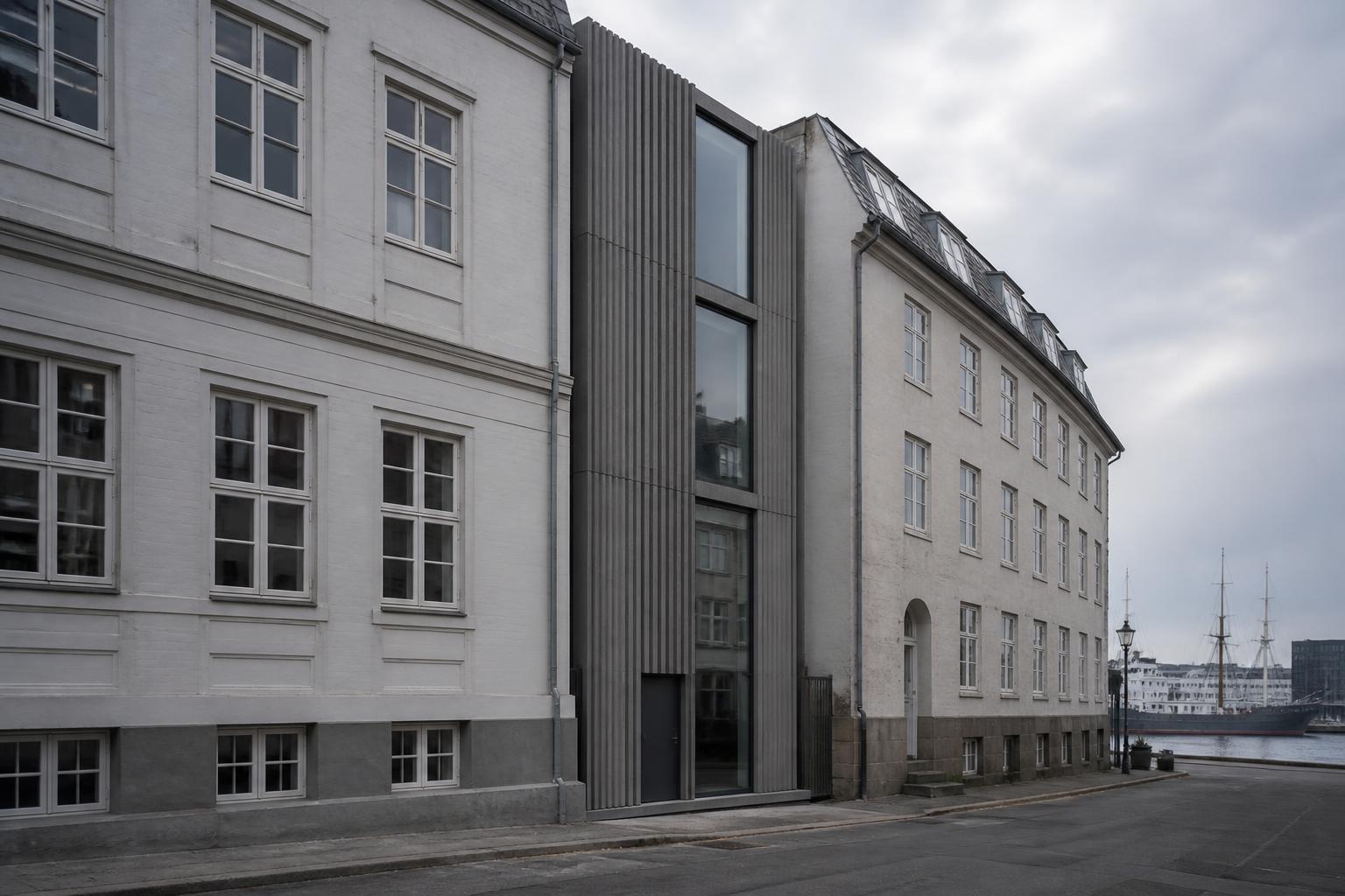 Smal facade i mørk, riflet beton klemt ind mellem to ældre bygninger ved havnen.