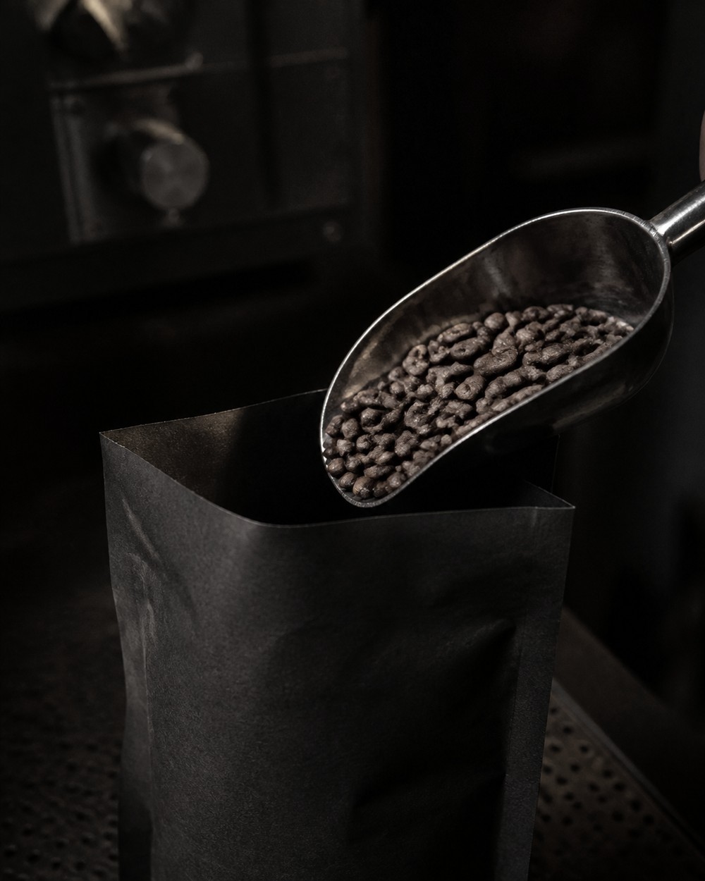 Ristede kaffebønner skovlet op fra en papirspose